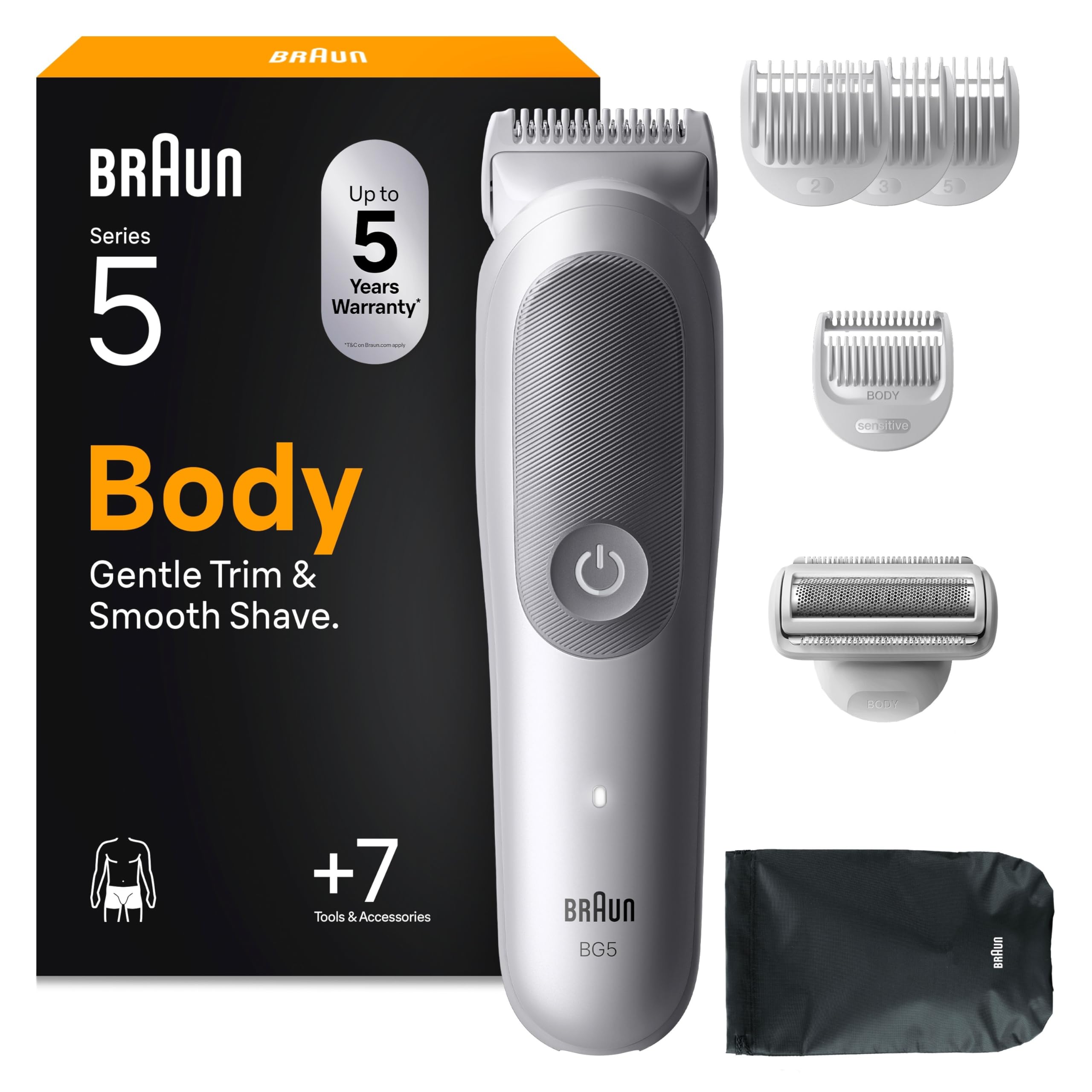 Bodygroomer Series 5, Elektrischer Körperrasierer Herren mit 7 Zubehörteile, BG5555, Grau