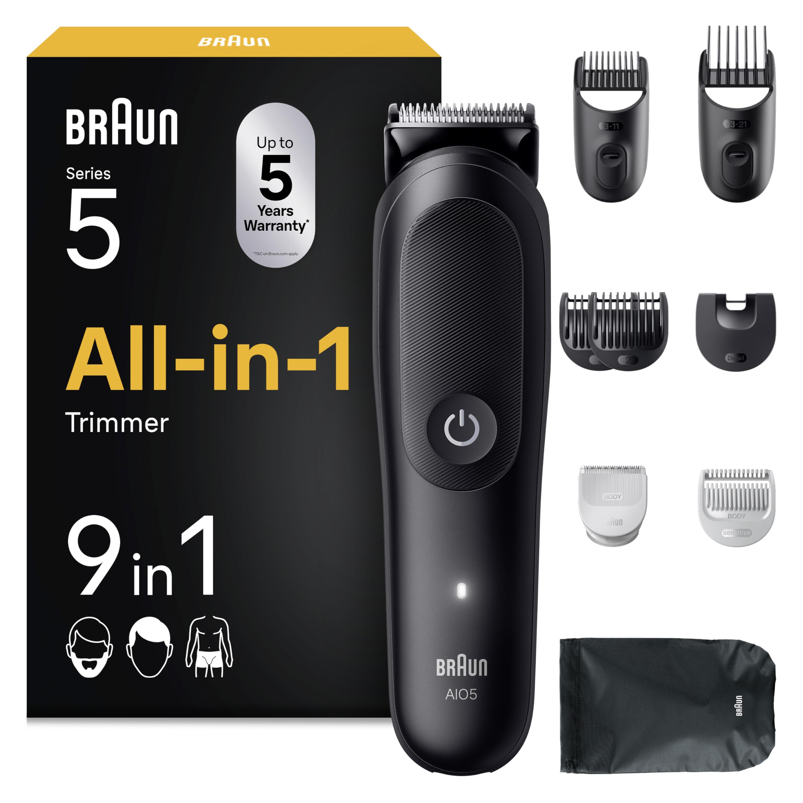 All-in-One Trimmer-Set 5, 9-in-1 Multigroom, Barttrimmer, Haarschneidemaschine designed for Gesicht, AIO5540, Schwarz